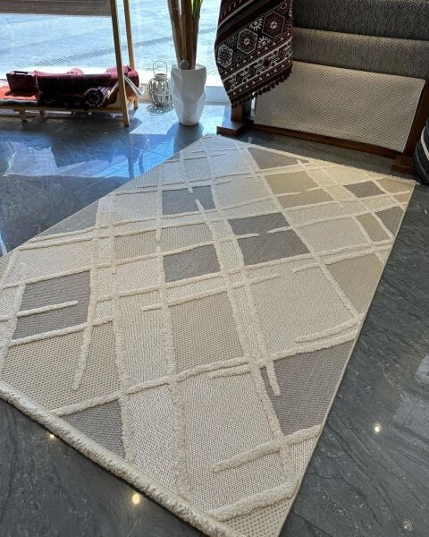 Alessa Serisi Krem Gri Kolay Temizlenen Toz Vermez Dokuma Halı TU-4910