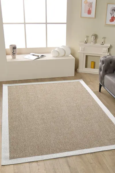 Sisal Serisi K.Bej Krem Kaymaz Tabanlı Yıkanabilir Dokuma Halı EM-E903
