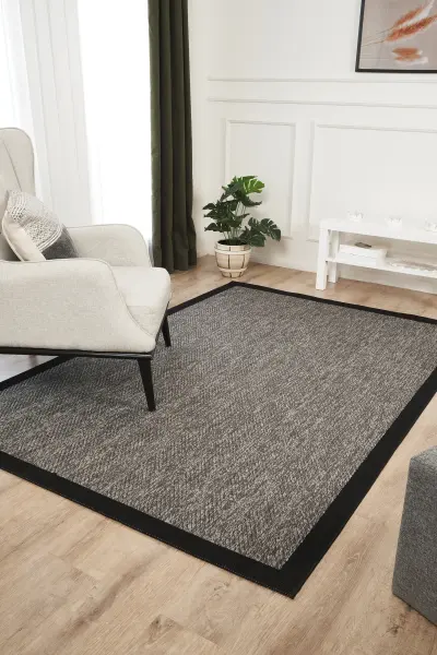 Sisal Serisi Gri Siyah Kaymaz Tabanlı Yıkanabilir Dokuma Halı EM-E906