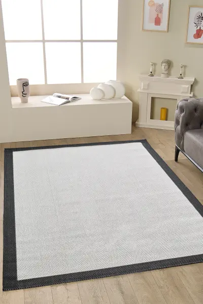 Sisal Serisi Krem Siyah Kaymaz Tabanlı Yıkanabilir Dokuma Halı EM-E907