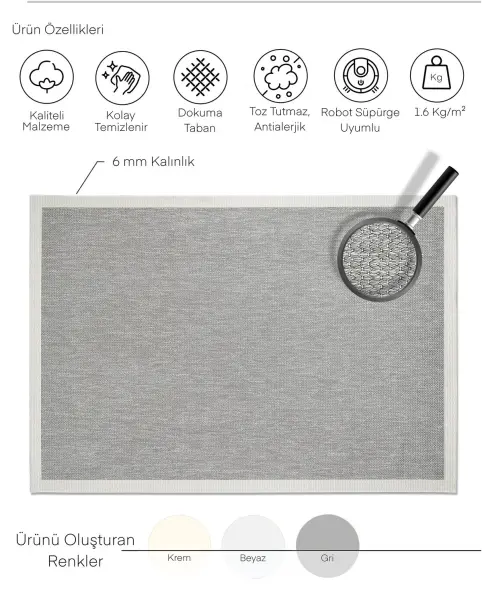 Sisal Serisi Gri Krem Kaymaz Tabanlı Yıkanabilir Dokuma Halı TU-EN07
