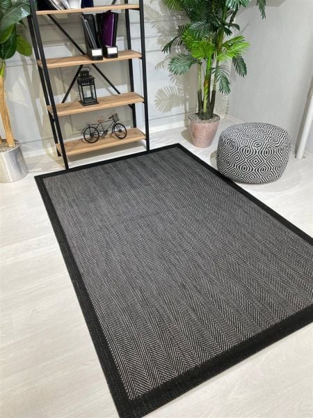 Sisal Serisi Gri Siyah Kaymaz Tabanlı Yıkanabilir Hasır Dokuma Halı TU-0355
