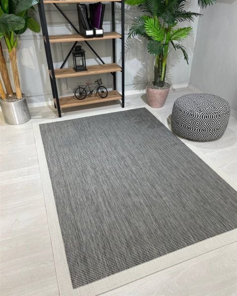 Sisal Serisi Gri Krem Kaymaz Tabanlı Yıkanabilir Hasır Dokuma Halı TU-0356