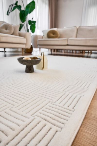 Origami Serisi Beyaz Gri Yumuşak Dokulu Makine Halısı AP-6911