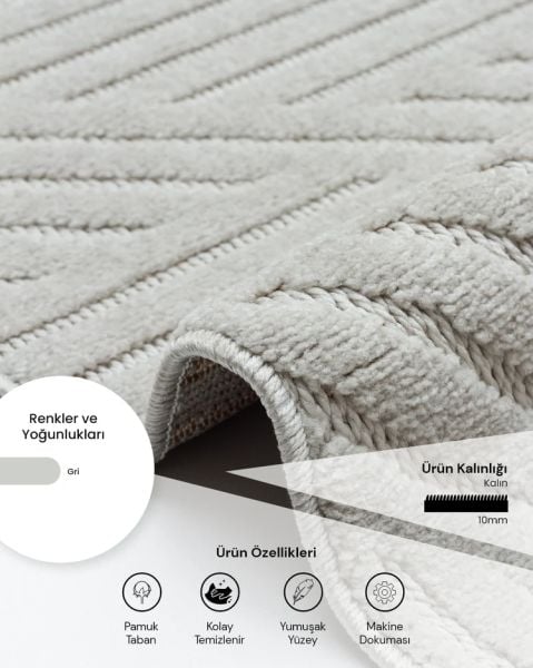 Mabel Serisi Gri Kaymaz Tabanlı Antibakteriyel Makine Halısı TU-5459