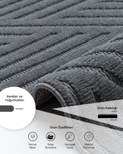 Mabel Serisi Antrasit Kaymaz Tabanlı Antibakteriyel Makine Halısı TU-5461