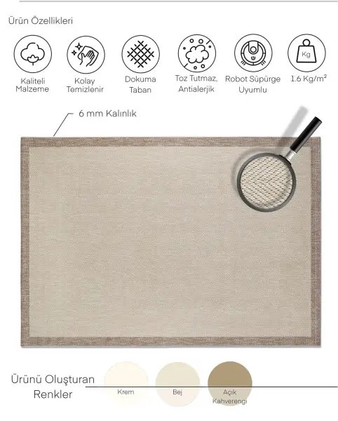Sisal Serisi Vizon Renk Kaymaz Tabanlı Yıkanabilir Dokuma Halı T-Ar02